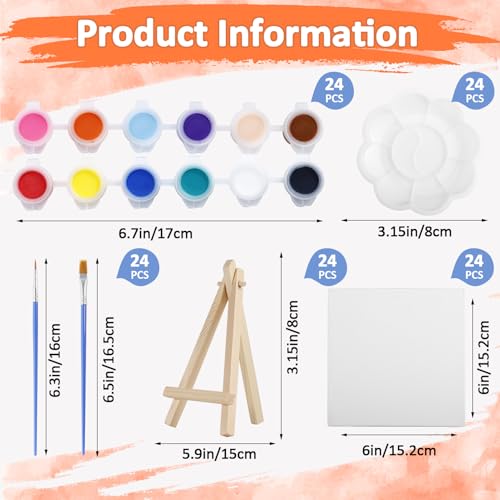 24 Set Canvas and Easel for Painting, 24Pcs 6x6In Canvas Boards and Easel, 24Pcs 12 Colors Acrylic Paint Strips,48 Brushes,24 Palettes, Washable Acrylic Set for Crafts Painting Party Favors