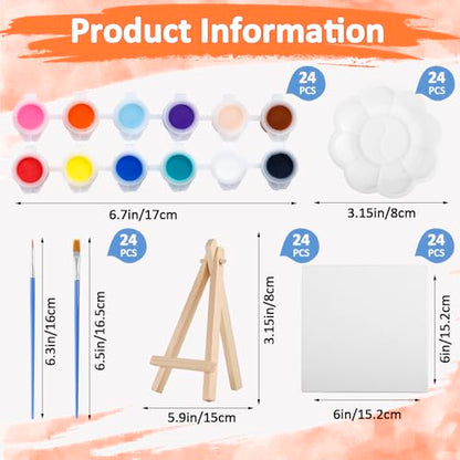 24 Set Canvas and Easel for Painting, 24Pcs 6x6In Canvas Boards and Easel, 24Pcs 12 Colors Acrylic Paint Strips,48 Brushes,24 Palettes, Washable Acrylic Set for Crafts Painting Party Favors