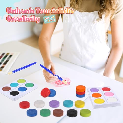 Nuanchu 1 set 12 Pcs Tempera Paint Cakes with Tray 12 Colors 2.24 x 0.71 Inch Painting Cakes with Paintbrush Paints Blocks Art Supplies for Art sessions Drawing Artists Beginners