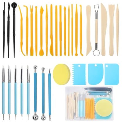 AULEEP Clay Sculpting Tools Kit, 35 PCS Air Dry Clay Tool, Polymer Clay Tools, Portable Clay Pottery Supplies for Adults, Pottery Craft, Dotting, Carving, Molding, Modeling, Drawing, Shaping