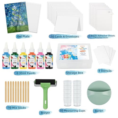 Gel Printing Plate Kits with Paints, Brayer, Baren, Stencils, Washi Stickers, Mixing Cups, Sticks , Blank Cards And Envelopes Storage Case 5X7 Gel Plate for Printmaking Supplies for Art And Crafts
