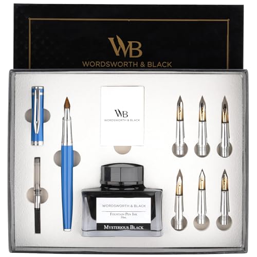Wordsworth & Black Calligraphy Pen Gift Set, Includes Bottle, 6 Cartridges, Refill Converter, 6 Replacement Nibs, Premium Package, Journaling, Smooth Writing Pens [Blue Chrome] - color: Blue Chrome