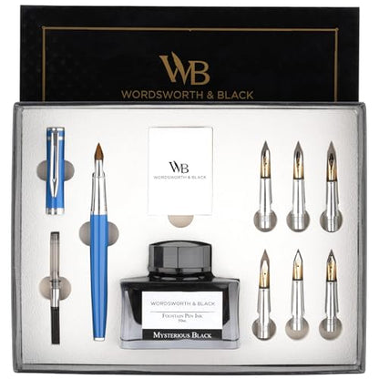 Wordsworth & Black Calligraphy Pen Gift Set, Includes Bottle, 6 Cartridges, Refill Converter, 6 Replacement Nibs, Premium Package, Journaling, Smooth Writing Pens [Blue Chrome] - color: Blue Chrome
