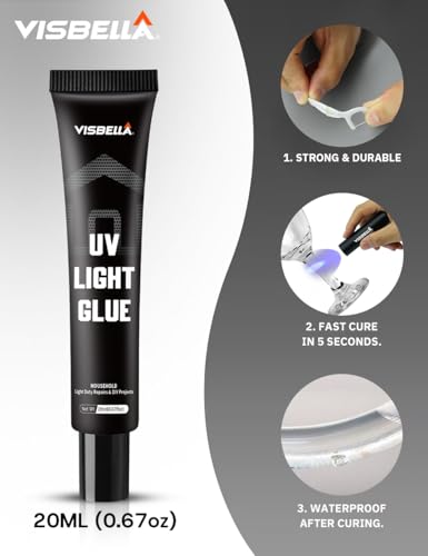 Visbella UV Light Glue Resin Kit with Lamp, Liquid Curing Adhesive for Craft Cured in Seconds Fix Fill Seal Bond Repair for Metal, Wood, Ceramic, Glass, Plastics, Jewelry, Leather and More