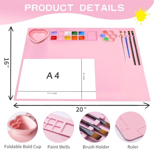 Silicone Painting Mat,20"X16"Large Silicone Art mat, Art Mat with Cup, Easy Clean up, Protects Surfaces Perfectly. for Paint, Color, Play with Clay/Play Dough.(Pink) - color: Pink