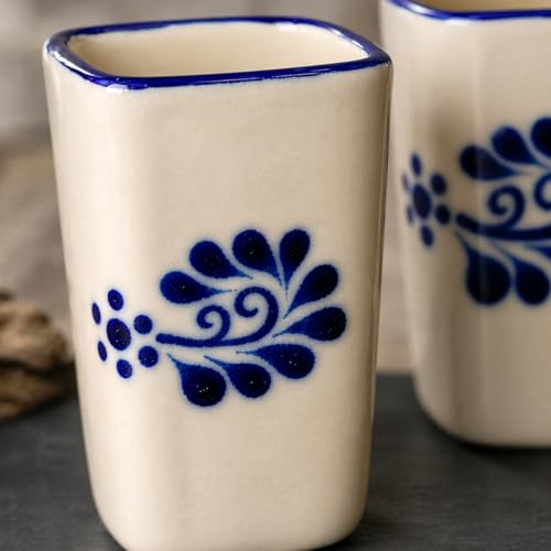 Hand-Painted Mexican Ceramic Shot Glasses, Square Tequilero Cups – 2 oz Each, Set of 2 – Colonial White with Blue Design – Tequila, Mezcal & Sangrita - White Cuadrado