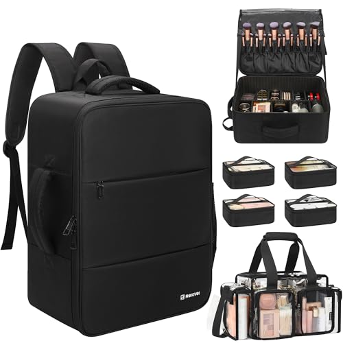 Relavel Makeup Backpack with Clear Makeup Bags, Extra Large Travel Train Case Makeup Artist Kit Set Bag with 4 Clear Bags, Storage Organizer Box with Dividers Cosmetic Hair Tools Barber Supplies - color: Black with clear makeup bags, size: Large