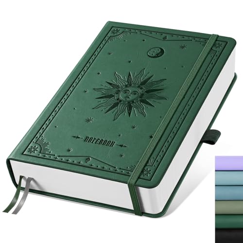 EMSHOI A5 College Ruled Notebook, 320 Numbered Pages 100GSM Ink-Proof Faux Leather Hardcover Lay-Flat Lined Journal for Work Office School Writing, SUN Design, Small 5.75" x 8.38", Dark Green - color: DarkGreen, size: A5 Lined