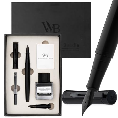 Wordsworth & Black Fountain Pen Set, 18K Gilded Medium and Extra Fine Nib, 25ML Black Ink Bottle, 6 Ink Cartridges,Refill Converter,Gift Box,Smooth Writing Pens [All Black],Gift Set for Men and Women - color: All Black