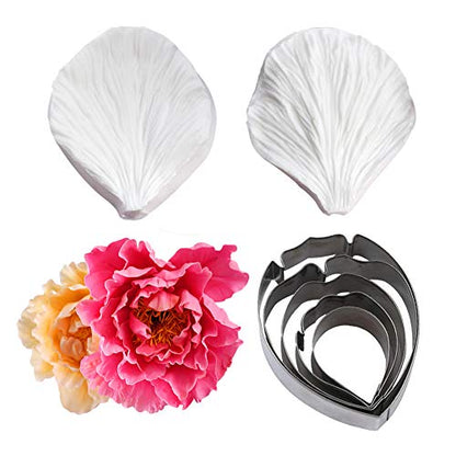 KALAIEN 5pcs Stainless Steel Peony Cutter 2pcs Fondant Silicone Mold Gumpaste Peony Sugarcraft Flower Veining Mold Veiner Petal Making Tool - color: Peony Set(7pcs)