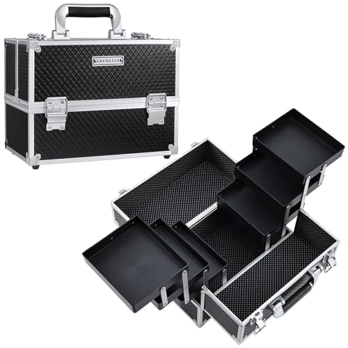 FRENESSA Makeup Train Case Makeup Case 11.8 Inch Large Cosmetic Box Organizer Travel Storage Professional Make Up Train Carrying Case with 6 Trays Locking Hard Vanity Storage Black - color: Black