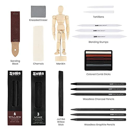 Soho Urban Artist Charcoal Drawing Set With Manikin in Zipper Case - Drawing Charcoal for Artists, Students, Blending, Live Figure Drawing, & More! - [Black - Drawing Set + Zipper Case] - size: 20 Count (Pack of 1)