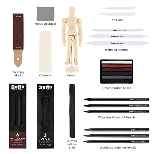 Soho Urban Artist Charcoal Drawing Set With Manikin in Zipper Case - Drawing Charcoal for Artists, Students, Blending, Live Figure Drawing, & More! - [Black - Drawing Set + Zipper Case] - size: 20 Count (Pack of 1)