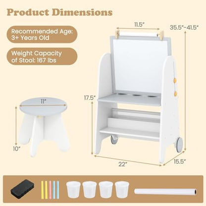 INFANS Easel for Kids with Stool, 4-in-1 Double-Sided Adjustable Magnetic Chalkboard with Paper Roll, Bookshelves, Wheels, Wooden Standing Painting Drawing Art Board for Boys Girls - style: Grey
