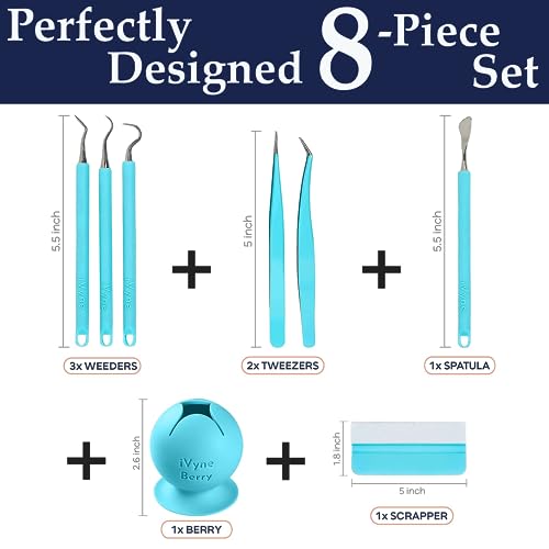 iVyne (8pcs) Premium Vinyl Weeding Tool Kit & Weeding Scrap Collector Soft Grip Tools with Berry, Weeder, Tweezers, Picker Or Hook, and Scraper Set for Silhouette Cameos & Cricut - Blue - color: Silicone Tools & Berry Blue