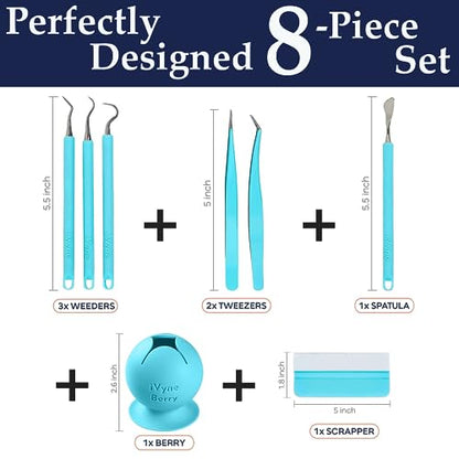 iVyne (8pcs) Premium Vinyl Weeding Tool Kit & Weeding Scrap Collector Soft Grip Tools with Berry, Weeder, Tweezers, Picker Or Hook, and Scraper Set for Silhouette Cameos & Cricut - Blue - color: Silicone Tools & Berry Blue