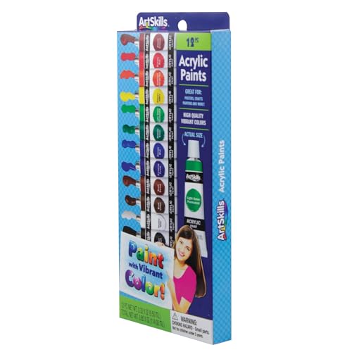 ArtSkills Premium Acrylic Paints, Arts and Crafts Supplies, Assorted Colors, 0.32 fl oz Each, 12 Count (PA-2039)