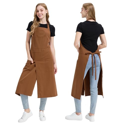 Molaxhome Split Apron with 3 Pockets,Unisex Pottery Apron with Adjustable Strap for Kitchen Ceramics - color: Brown