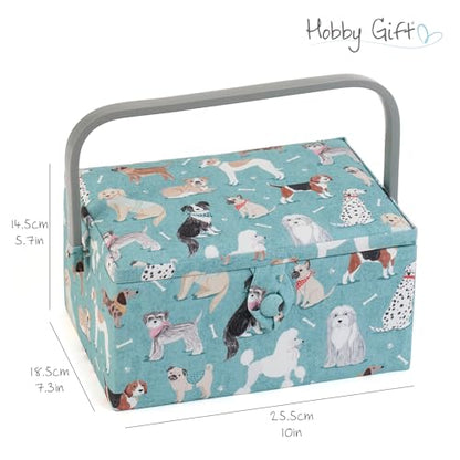 Hobby Gift Medium Sewing Box Organiser, Fabric Covered Storage Box with Handle, Internal Tray, Pin Cushion and Pocket for Sewing, Quilting and Knitting Supplies - color: Dogs