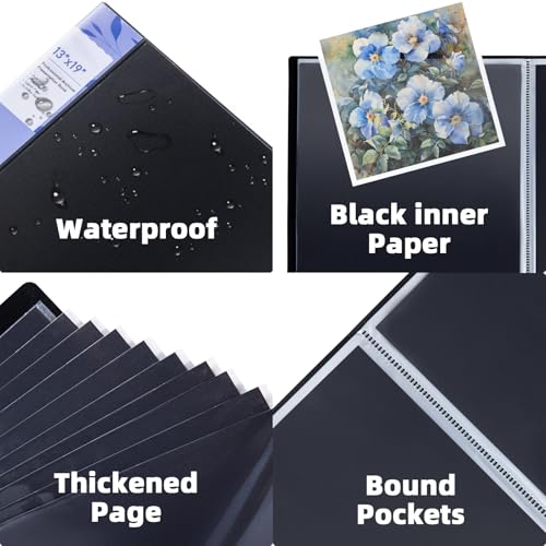 JJRING 13x19 Art Portfolio Folder with Plastic Sleeves, 24-Pocket Portfolio Binder Displaying 48 Pages, Presentation Book with Black Inner Paper for Artwork Storage, Black - size: 13*19