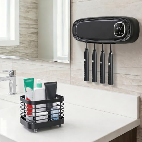 OTraki Black Wall Mounted Toothbrush Holders with Stainless Steel Rack, 4 Slots Toothbrush Holder Rechargeable Toothbrush Cleaner Holder with Fan Drying, No Drill Install