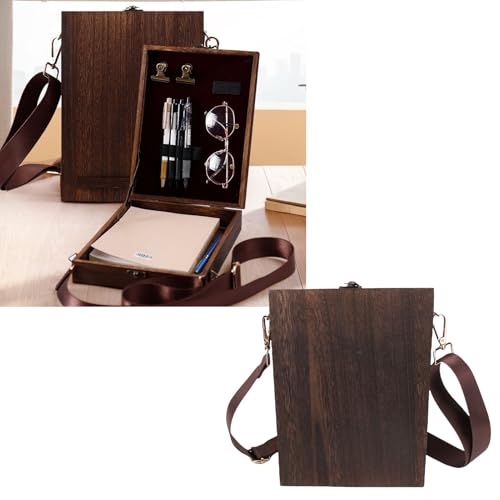 BAFOVY Writers Messenger Wood Box Portable Wooden Artist Bag Easel Sketch Box with Adjustable Shoulder Strap 2 Vintage Clamps 5 Elastic Loops for Outdoor Painting Writing Design