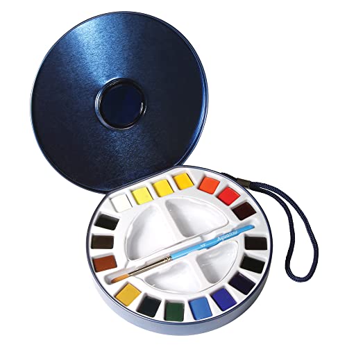 AQUAFINE Watercolour Metallkasten Reise-Dose 18 x 1/2 Näpfchen, 1 Pinsel, 2 Paletten