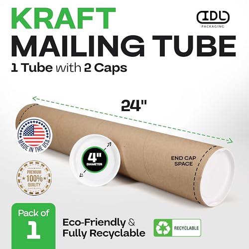 IDL Packaging 4” x 24” Cardboard Mailing Tube, Made in USA - Reinforced Shipping Cylinder for Posters, Blueprints, Documents & Artwork, with Plastic End Caps - size: 4" x 24"