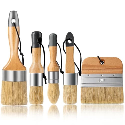 5 Pack Natural Bristle Chalk Paint Wax Brush Set, Multi-Size Wooden Handle Chalk Paint Brushes for Furniture Refinishing, Waxing, Chalk Paint, Milk Paint, DIY Craft & Home Restoration - size: 1 Large, 3 Small, Paddle Brush