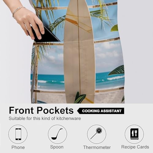 Bib Aprons Waterproof Chef Apron Fashion Painting Artist Apron | Surfboard on Wooden Apron for Men Women Adjustable Cooking Apron Funny Kitchen Aprons Polyester Art Aprons