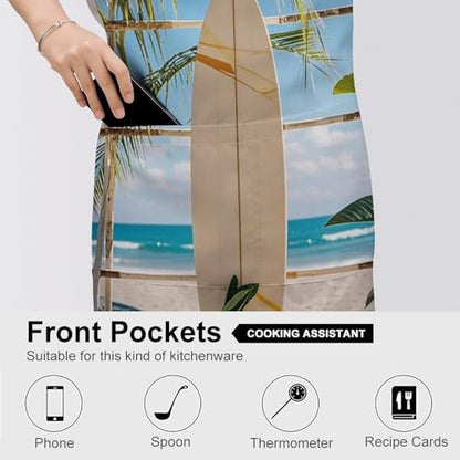 Bib Aprons Waterproof Chef Apron Fashion Painting Artist Apron | Surfboard on Wooden Apron for Men Women Adjustable Cooking Apron Funny Kitchen Aprons Polyester Art Aprons