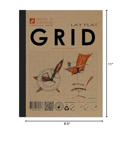 Design Ideation Lay Flat Grid PAD. Removable Sheet. Premium Paper. Smart-Bind Reinforced Lay Flat Binding. Grey Grid. (8.5" X 11") LF-2550-LS (1 Book) - color: Grey Grid