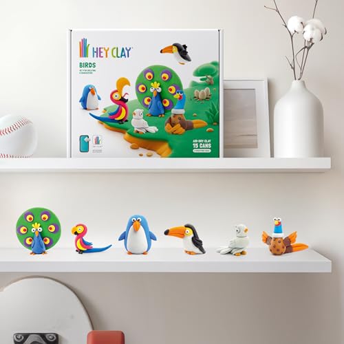 Hey Clay 15 Cans Set - Colourful Modelling Kids Air-Dry Clay 15 Cans with Sculpting Tools and Fun Interactive Instructions for Children Age 3+ (Birds) - style: Birds
