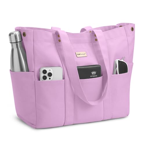 TOPDesign Large Canvas Tote Bag for Women, Shoulder Bag with Laptop Sleeve & Pockets, Everything Tote for Travel, Work (Light Purple) - color: Light Purple