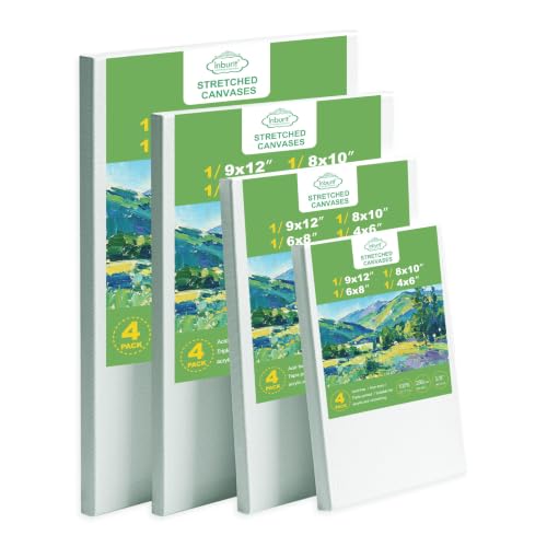 Inburit Stretched Canvas for Painting, 4 Pack - 9x12, 8x10, 6x8, 4x6, 100% Cotton Pre-Primed, Art Blank Canvases Set for Oil, Acrylic & Pouring - size: 4PCS+(4sizex1)