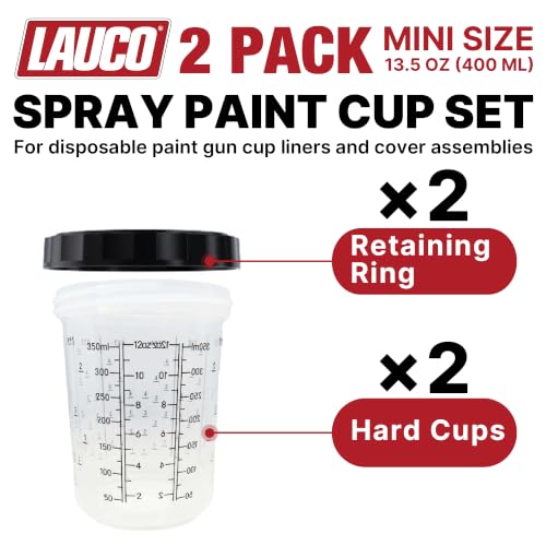 LAUCO 2 Pack Paint Spray Gun Hard Cup Set, 400ML (13.5 Oz) Reusable Mixing Cups with Retainer Rings, Compatible with Disposable Paint Cup Liner and Lid Systems for Automotive Paint, Primer, Clear Coat - size: 2Pack-400ML