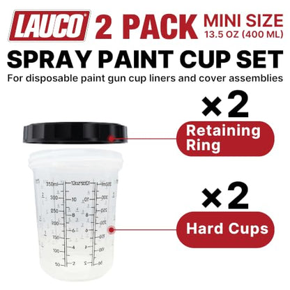LAUCO 2 Pack Paint Spray Gun Hard Cup Set, 400ML (13.5 Oz) Reusable Mixing Cups with Retainer Rings, Compatible with Disposable Paint Cup Liner and Lid Systems for Automotive Paint, Primer, Clear Coat - size: 2Pack-400ML