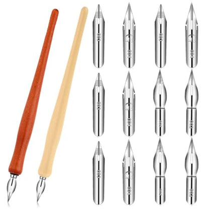 ElevateTech Comic Pen Nib Set, 14 Pcs Calligraphy Dip Pen Set Wooden Pens Holder with 12 Stainless Steel Dip-Nib Calligraphy Drawing Ink Pens Nibs Holders for Painting Writing Signing Comic