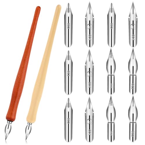 ElevateTech Comic Pen Nib Set, 14 Pcs Calligraphy Dip Pen Set Wooden Pens Holder with 12 Stainless Steel Dip-Nib Calligraphy Drawing Ink Pens Nibs Holders for Painting Writing Signing Comic
