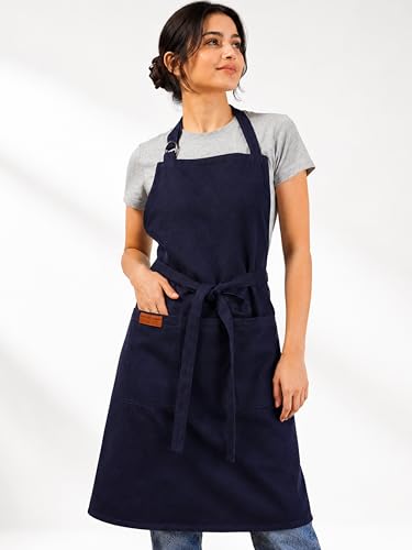 100% Cotton Kitchen Apron with 2 Pockets – Adjustable Chef Apron for Cooking Baking BBQ – Unisex Apron - color: Navy, size: Standard