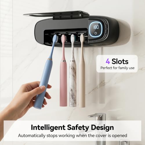 OTraki Black Wall Mounted Toothbrush Holders with Stainless Steel Rack, 4 Slots Toothbrush Holder Rechargeable Toothbrush Cleaner Holder with Fan Drying, No Drill Install