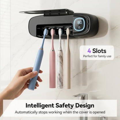 OTraki Black Wall Mounted Toothbrush Holders with Stainless Steel Rack, 4 Slots Toothbrush Holder Rechargeable Toothbrush Cleaner Holder with Fan Drying, No Drill Install