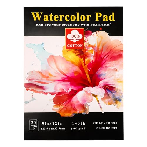 FEITAKE Watercolor Pad 9"x12" Watercolor Paper Sketchbook 100% Cotton/Cold Pressed /140lb (300gsm)/ Acid Free Artist Grade Water Color Art Drawing & Painting Paper -20 Sheets Pack - color: 9x12“ 1 Pad