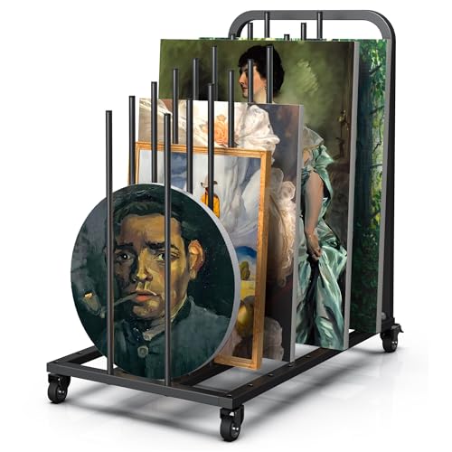 Mobile Art Canvas Storage Rack on Wheels, Adjustable Metal Framed Artwork Drying Holder, Large Vertical Picture Frame Display Stand for Painting Boards, Framed Picture, Shipping Box (Black) - color: Black
