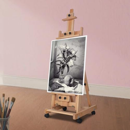 Wooden H-Frame Easel, 56" to 91" H Studio Easel with Large Storage Tray Adjustable Sturdy Beech Wood Desktop Art Easel, Portable Painting & Display Table with Large Storage Tray and Wheel,18.9*20.87in