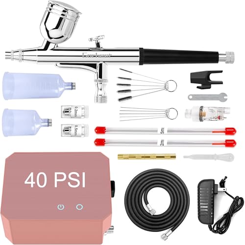 Gocheer Airbrush Kit with Air Compressor, 40 48 PSI High Pressure Air Brush Non-Clogging with 0.2/0.3/0.5mm Nozzle/Cleaning Sets, Ideal for Painting, Modeling, Cake Decor, Makeup (Pink, 40 PSI) - color: Pink, size: 40 PSI