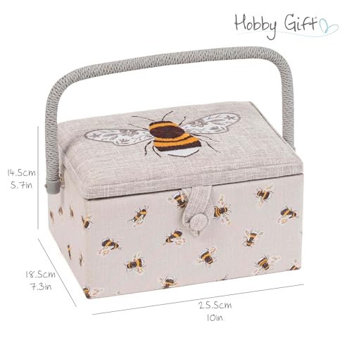 Hobby Gift Medium Sewing Box Organiser, Fabric Covered Storage Box with Handle, Internal Tray, Pin Cushion and Pocket for Sewing, Quilting and Knitting Supplies - color: Bees