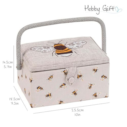 Hobby Gift Medium Sewing Box Organiser, Fabric Covered Storage Box with Handle, Internal Tray, Pin Cushion and Pocket for Sewing, Quilting and Knitting Supplies - color: Bees