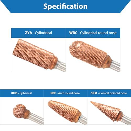 TJR® 3/8" head Carbide Burrs Set with 1/4" Shank 5pcs and ULTRACo Coating - Double Cut. For Steel, Stainless Steel, Hardened steel, and Aluminum, Wood for Grinding and Deburring applications