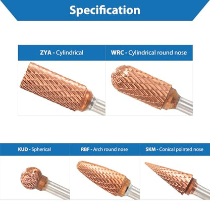 TJR® 3/8" head Carbide Burrs Set with 1/4" Shank 5pcs and ULTRACo Coating - Double Cut. For Steel, Stainless Steel, Hardened steel, and Aluminum, Wood for Grinding and Deburring applications
